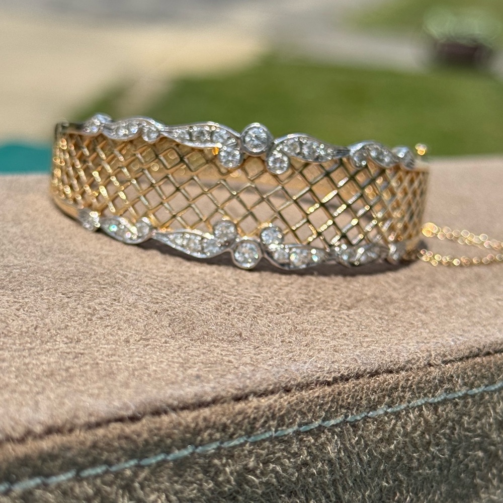 14k Gold Vintage Cigar Wrapper Lattice Cuff Bracelet with Real Diamonds.